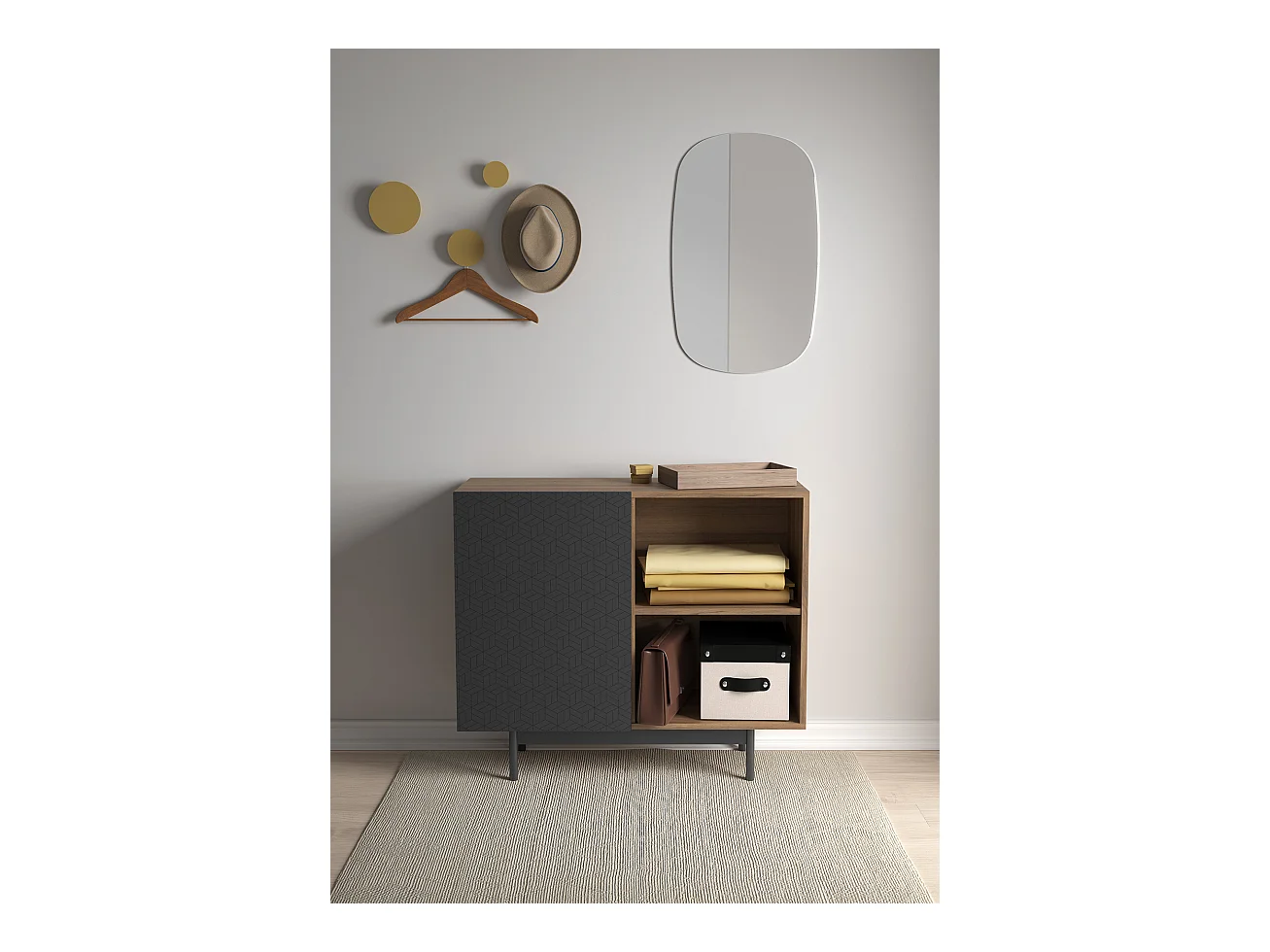 Buffet 1 porte - H78cm x L90cm x L34cm - noyer et graphite - Printed Sérig