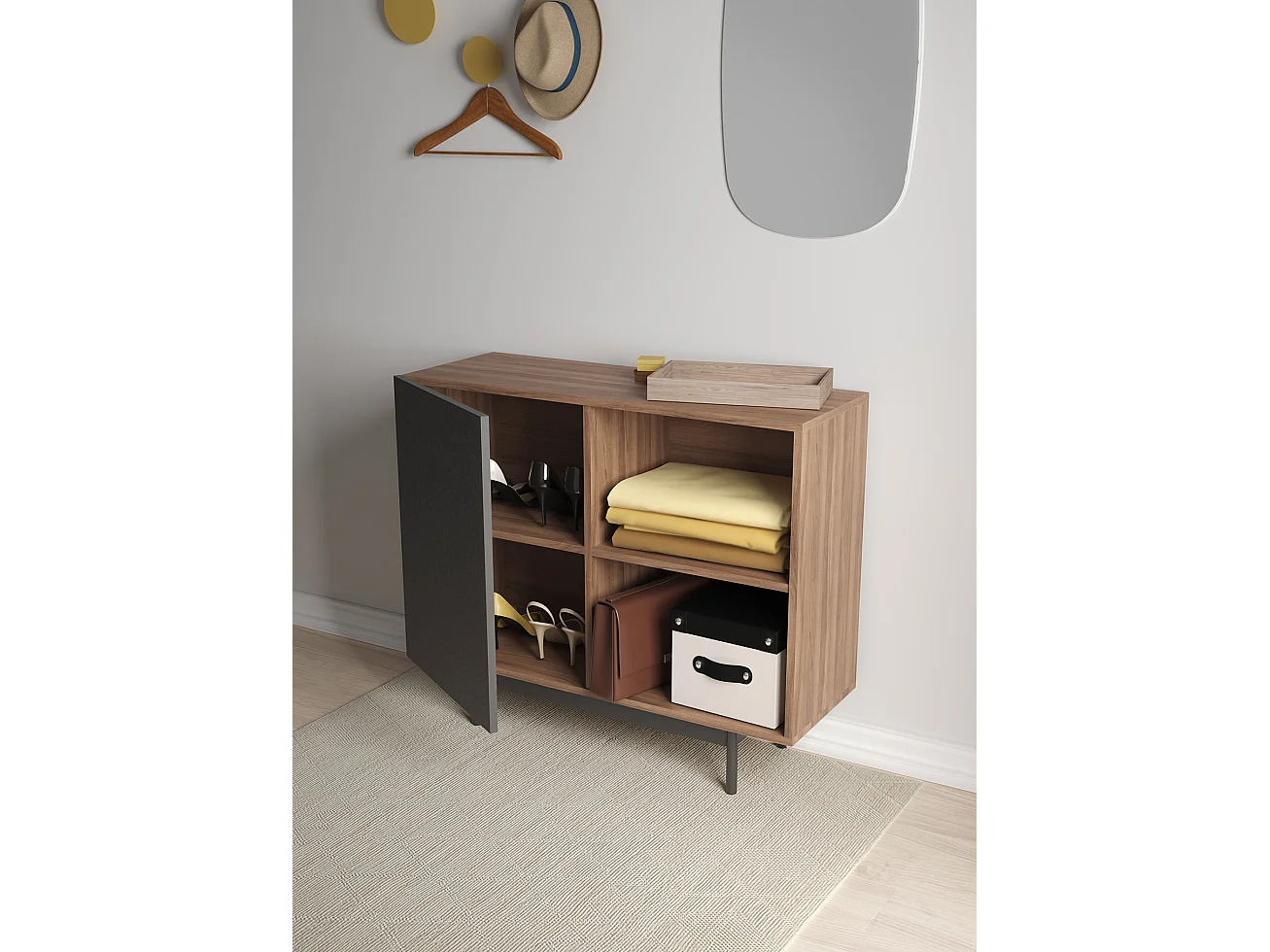 Buffet 1 porte - H78cm x L90cm x L34cm - noyer et graphite - Printed Sérig