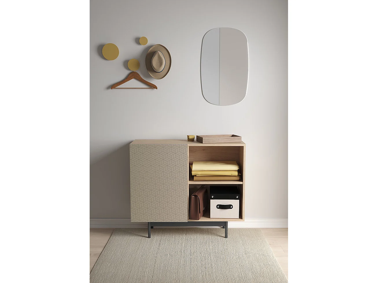 Buffet 1 porte - H78cm x L90cm x L34cm - chêne clair et taupe - Printed Sérig