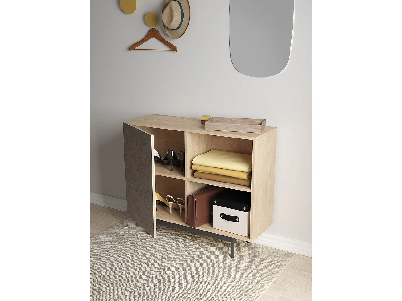 Buffet 1 porte - H78cm x L90cm x L34cm - chêne clair et taupe - Printed Sérig