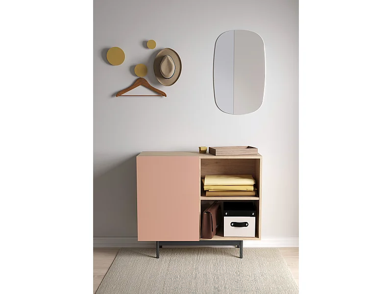 Buffet 1 porte - H78cm x L90cm x L34cm - chêne clair et rose - Printed