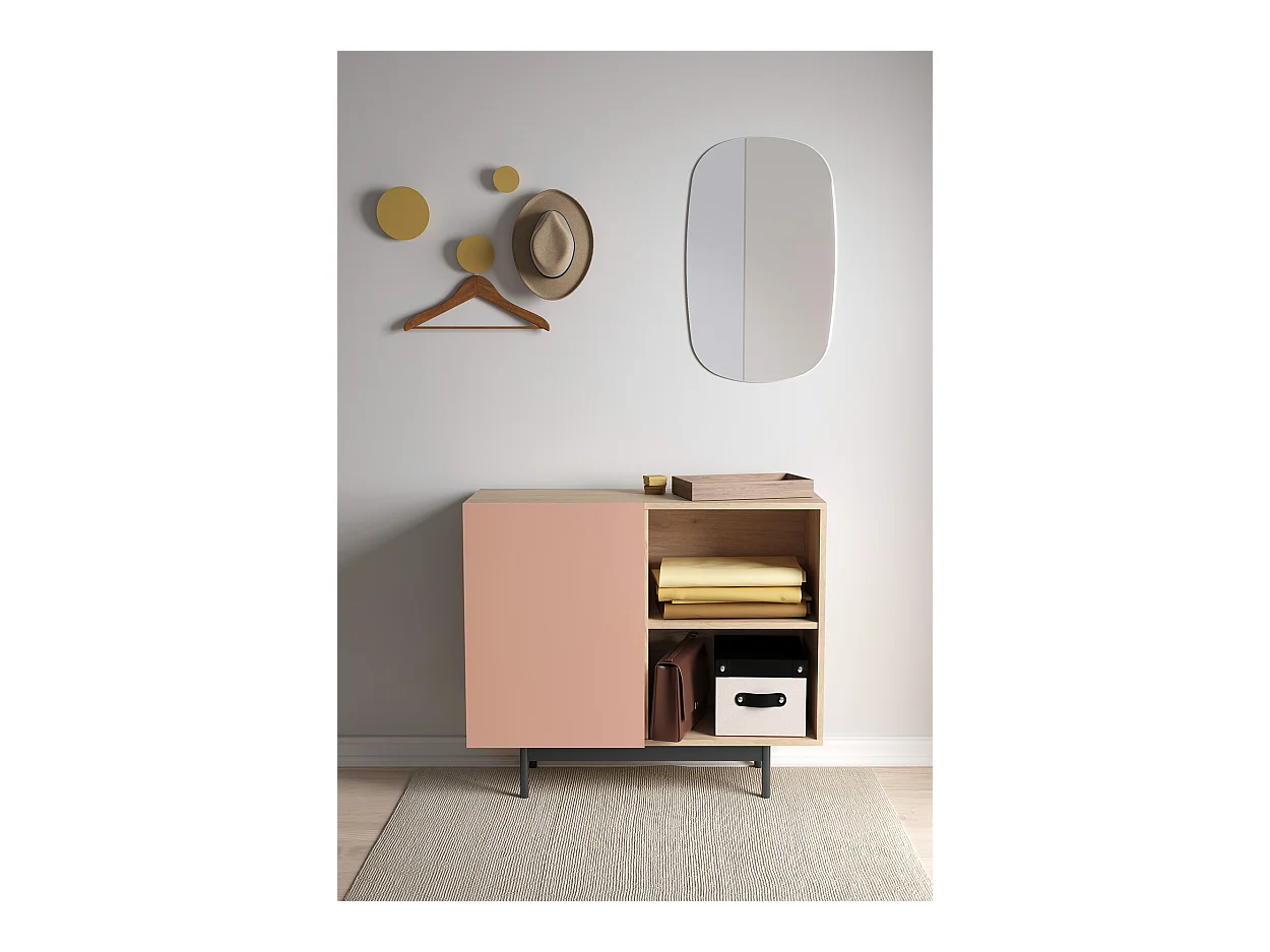 Buffet 1 porte - H78cm x L90cm x L34cm - chêne clair et rose - Printed