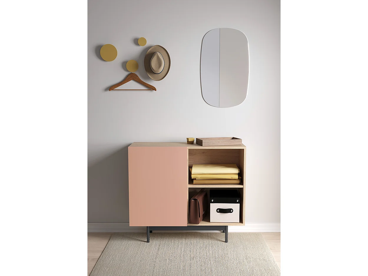 Buffet 1 porte - H78cm x L90cm x L34cm - chêne clair et rose - Printed