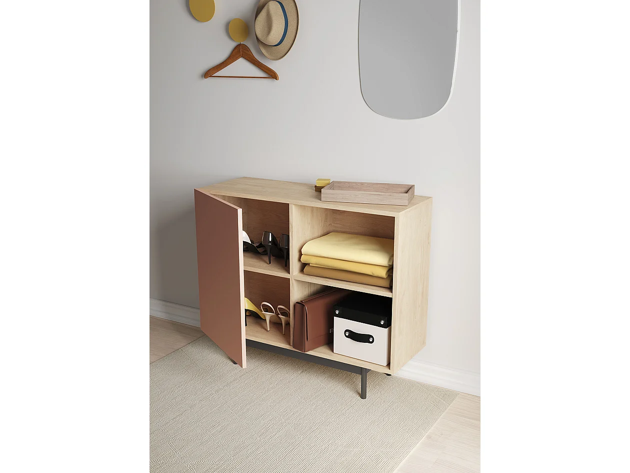 Buffet 1 porte - H78cm x L90cm x L34cm - chêne clair et rose - Printed