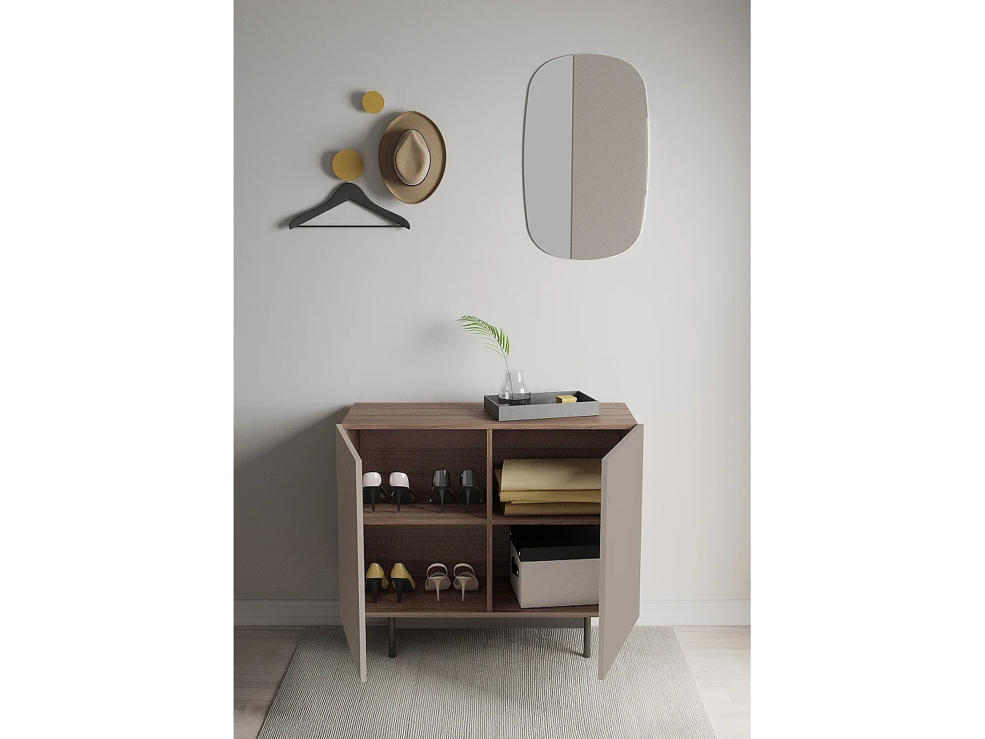 Buffet 2 portes - H78cm x L90cm x L34cm - noyer et taupe - Printed
