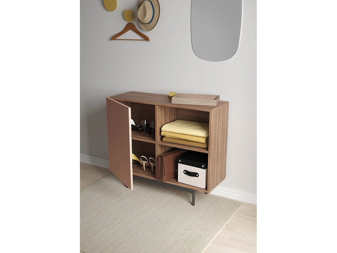 Buffet 1 porte - H78cm x L90cm x L34cm - noyer et rose - Printed