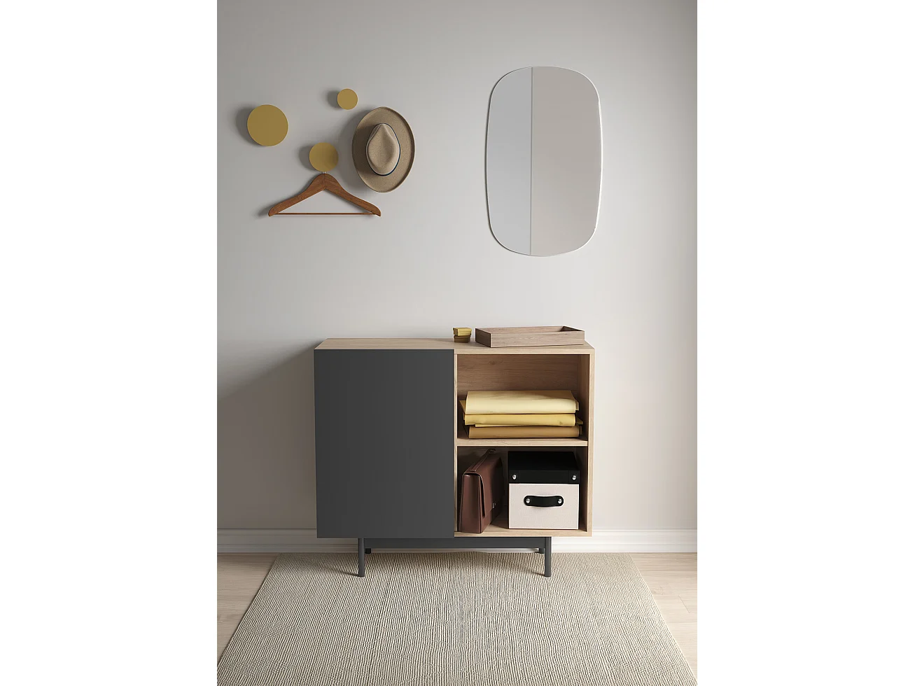 Buffet 1 porte - H78cm x L90cm x L34cm - chêne clair et graphite - Printed