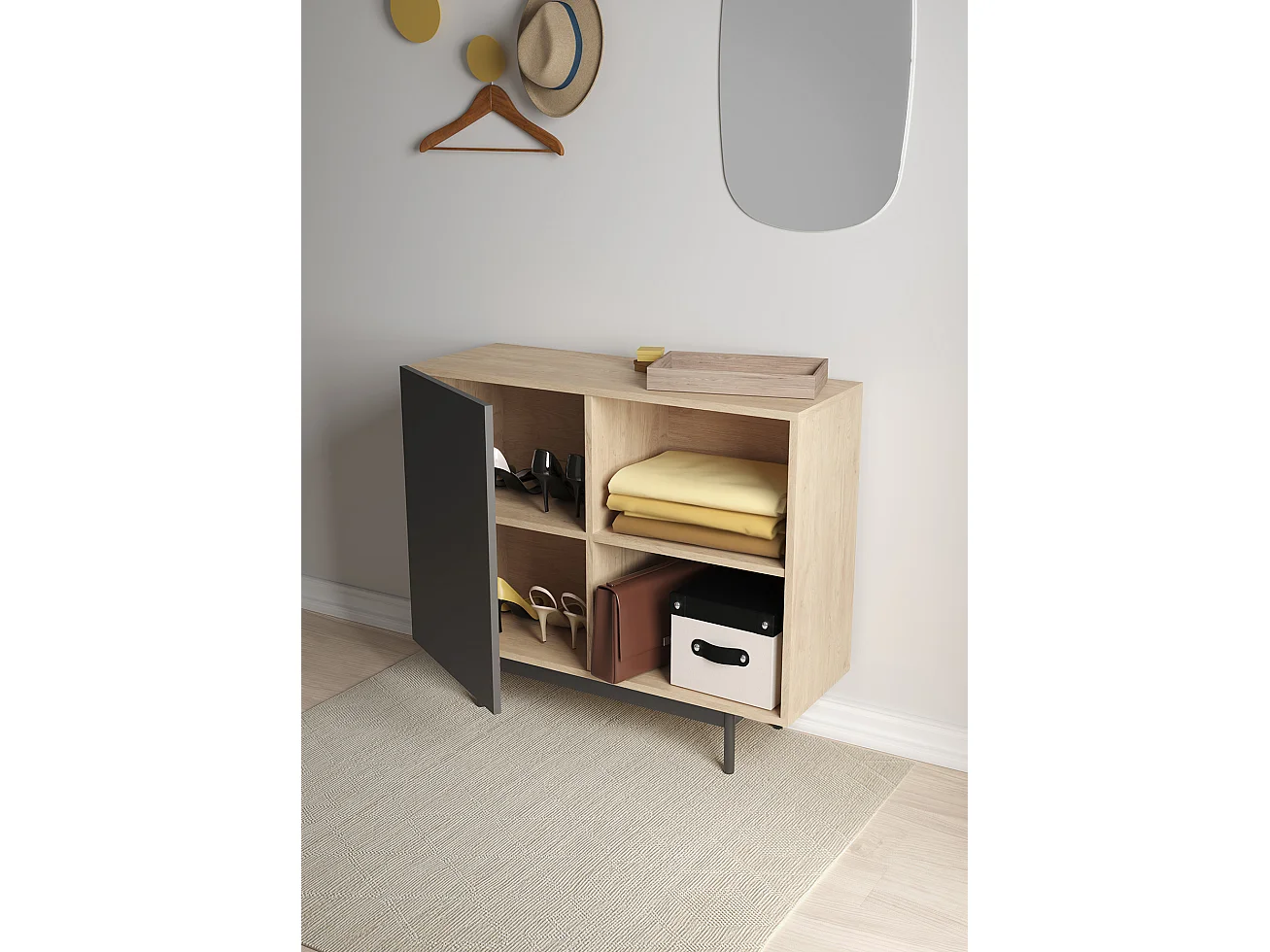 Buffet 1 porte - H78cm x L90cm x L34cm - chêne clair et graphite - Printed