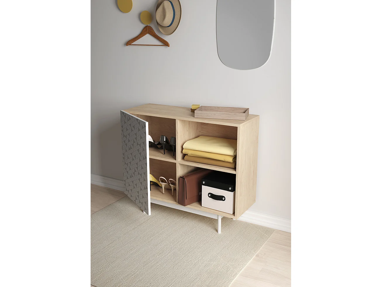 Buffet 1 porte - H78cm x L90cm x L34cm - chêne clair et blanc - Printed Sérig