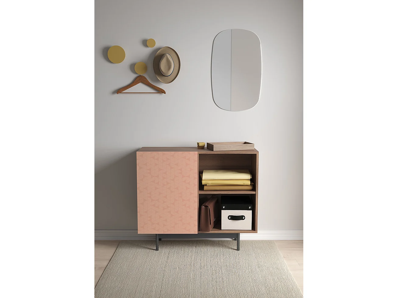 Buffet 1 porte - H78cm x L90cm x L34cm - noyer et rose - Printed Sérig