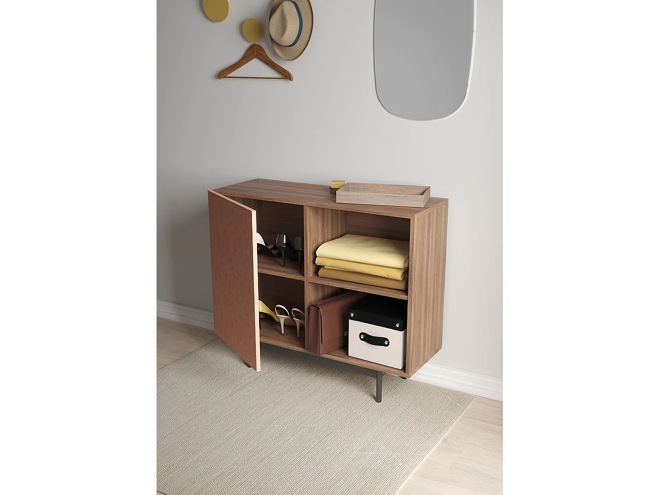 Buffet 1 porte - H78cm x L90cm x L34cm - noyer et rose - Printed Sérig