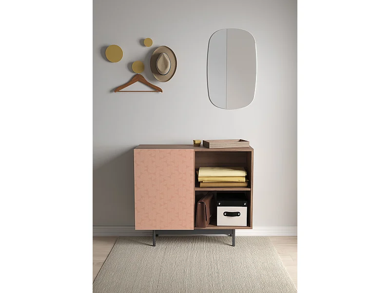 Buffet 1 porte - H78cm x L90cm x L34cm - noyer et rose - Printed Sérig