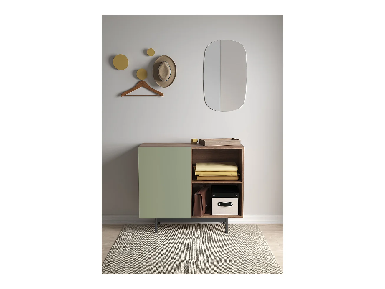 Buffet 1 porte - H78cm x L90cm x L34cm - noyer et vert - Printed