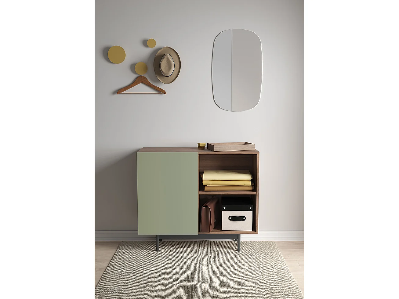 Buffet 1 porte - H78cm x L90cm x L34cm - noyer et vert - Printed