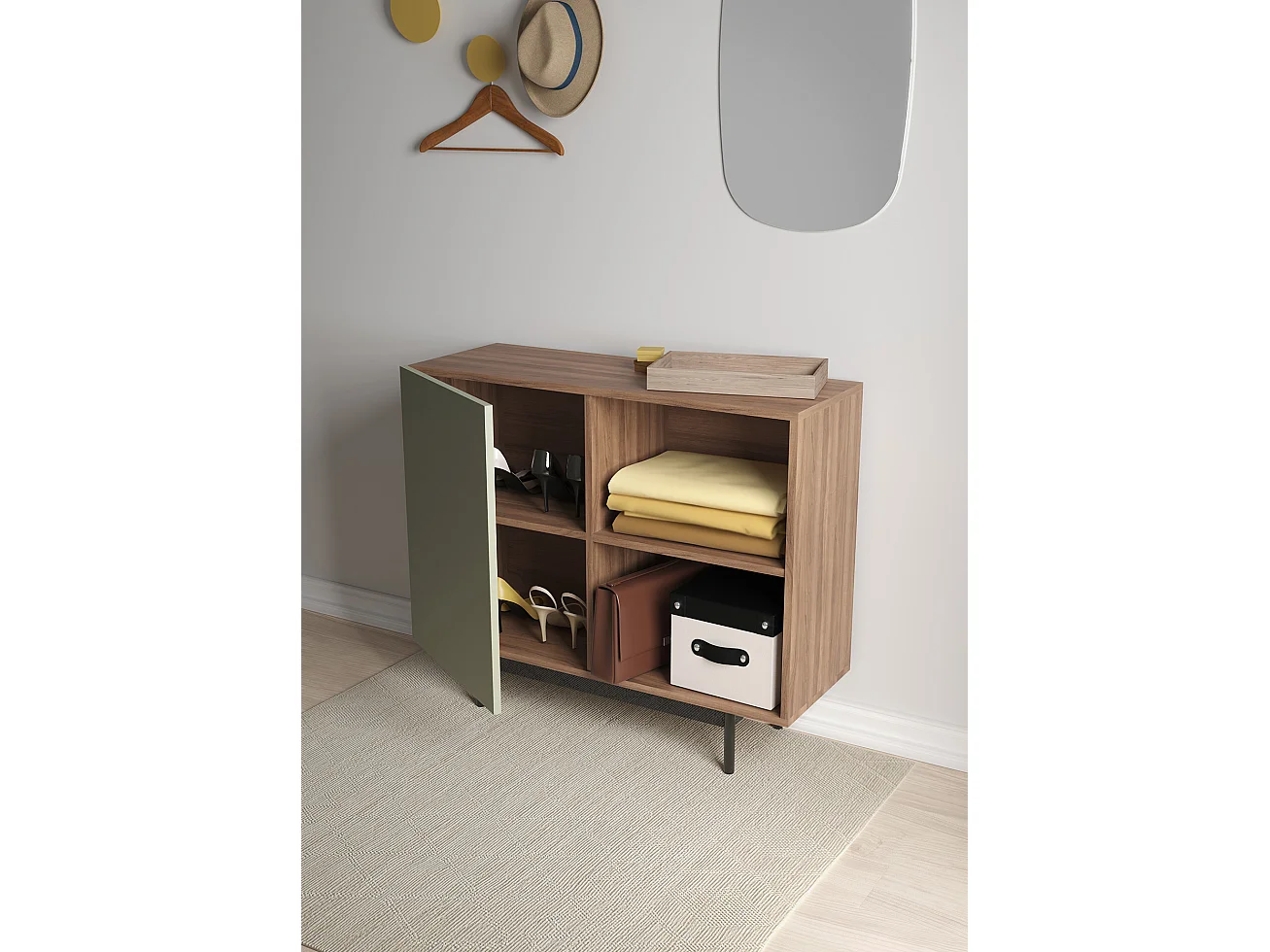 Buffet 1 porte - H78cm x L90cm x L34cm - noyer et vert - Printed