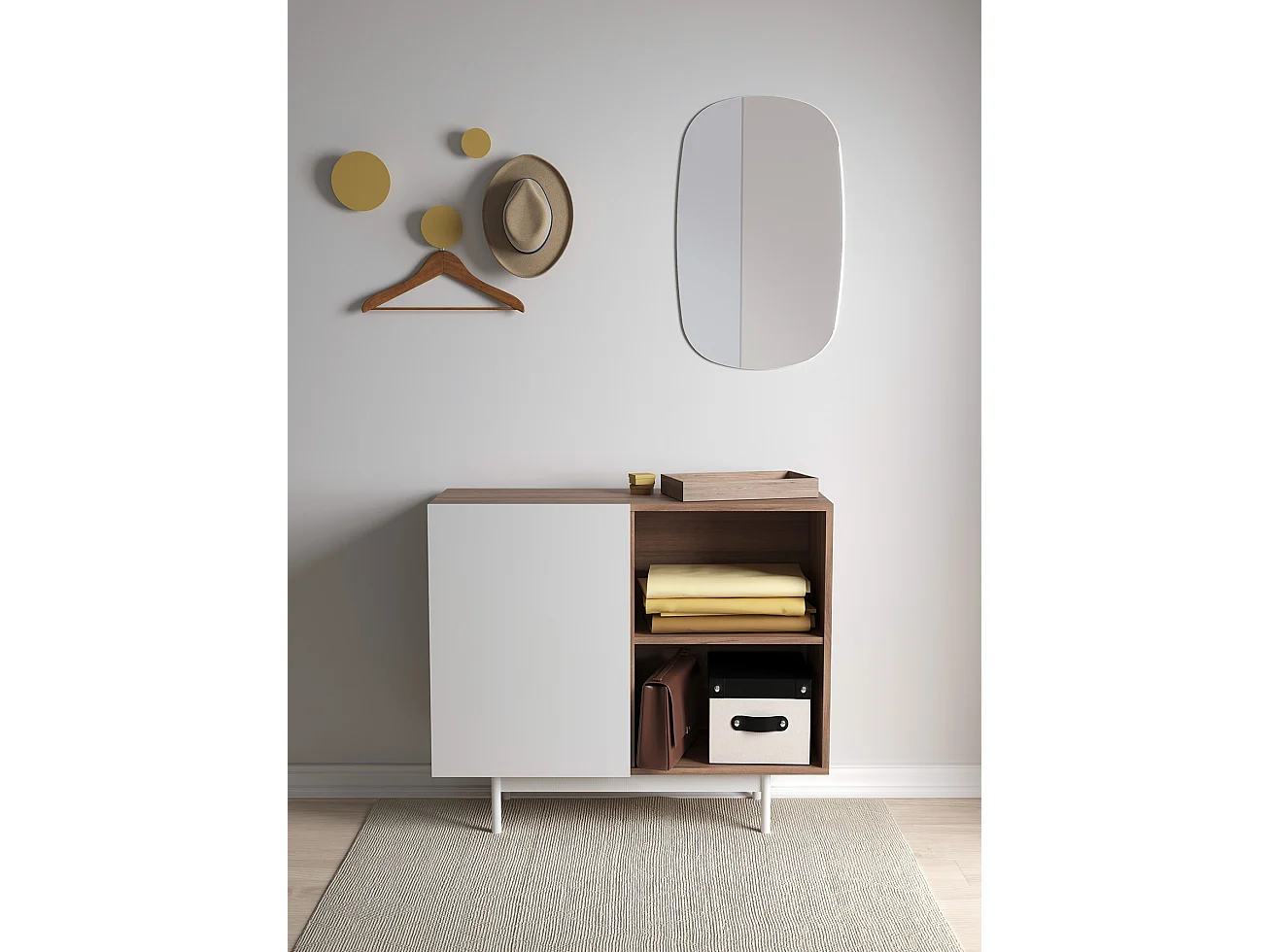 Buffet 1 porte - H78cm x L90cm x L34cm - noyer et blanc - Printed