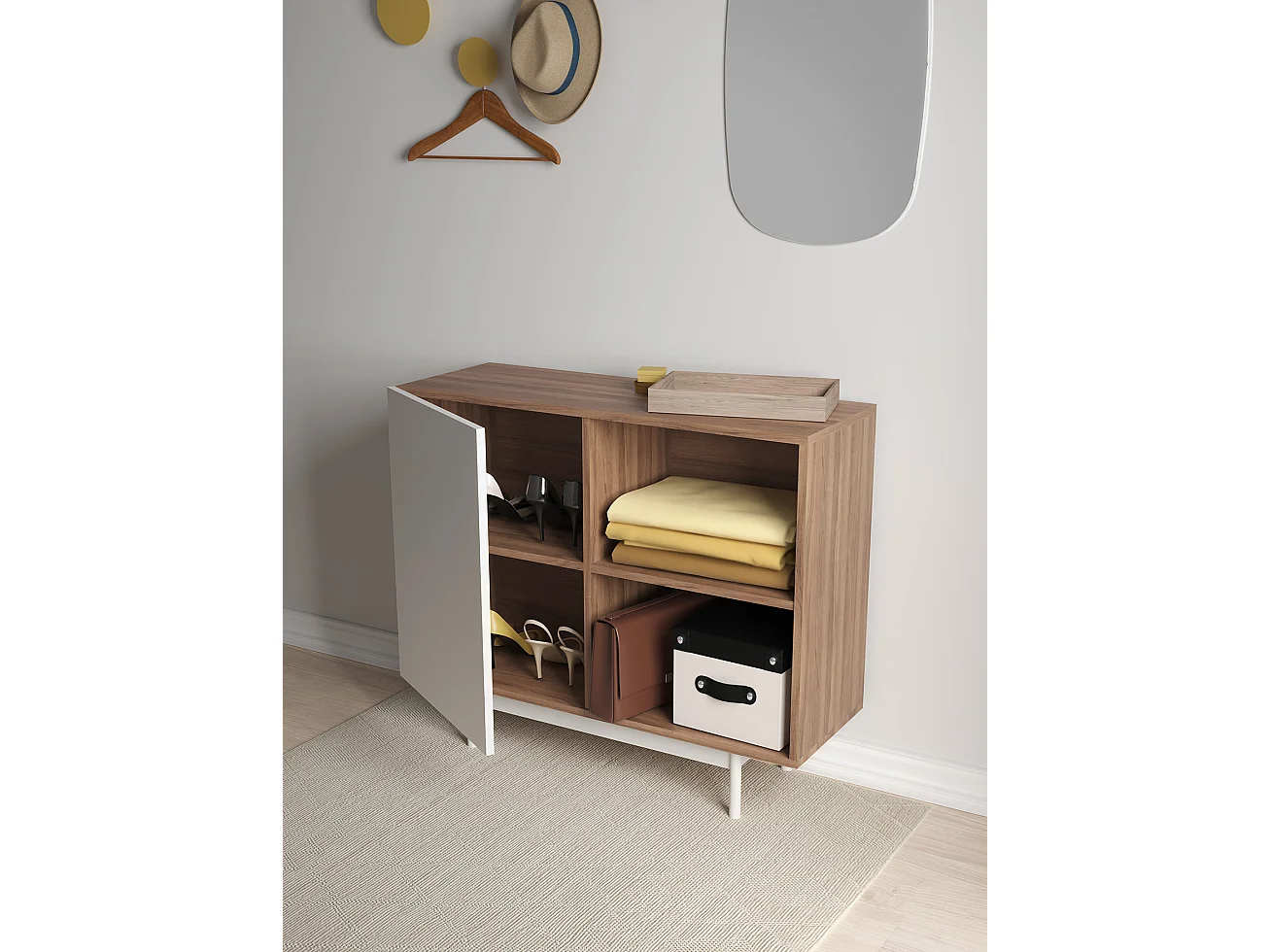 Buffet 1 porte - H78cm x L90cm x L34cm - noyer et blanc - Printed