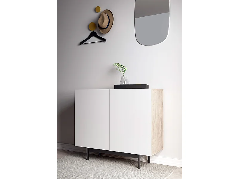 Buffet 2 portes - H78cm x L90cm x L34cm - chêne clair et blanc - Printed