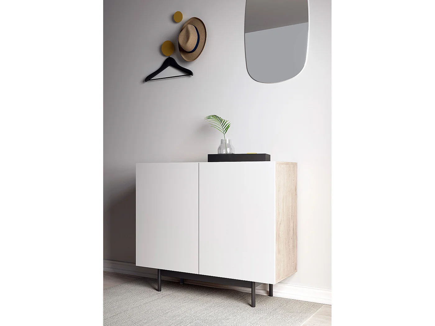 Buffet 2 portes - H78cm x L90cm x L34cm - chêne clair et blanc - Printed