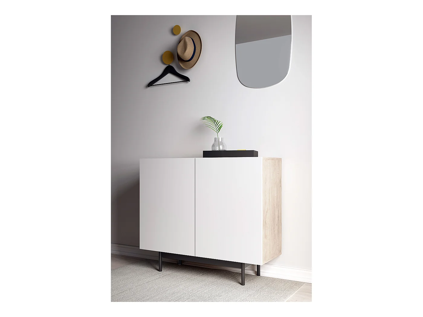 Buffet 2 portes - H78cm x L90cm x L34cm - chêne clair et blanc - Printed