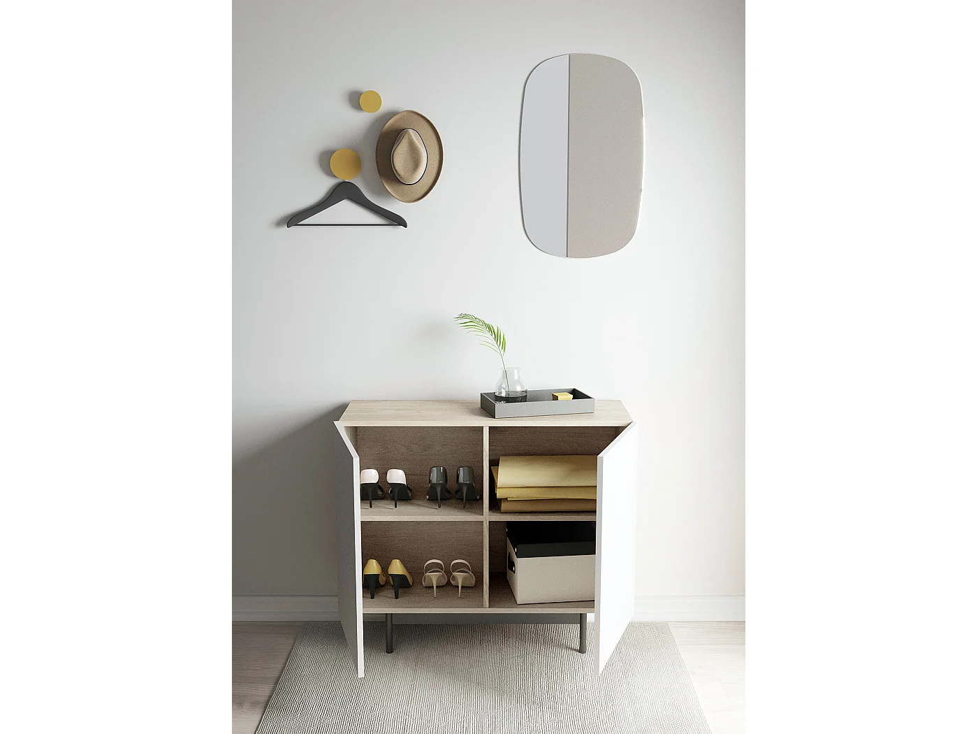Buffet 2 portes - H78cm x L90cm x L34cm - chêne clair et blanc - Printed