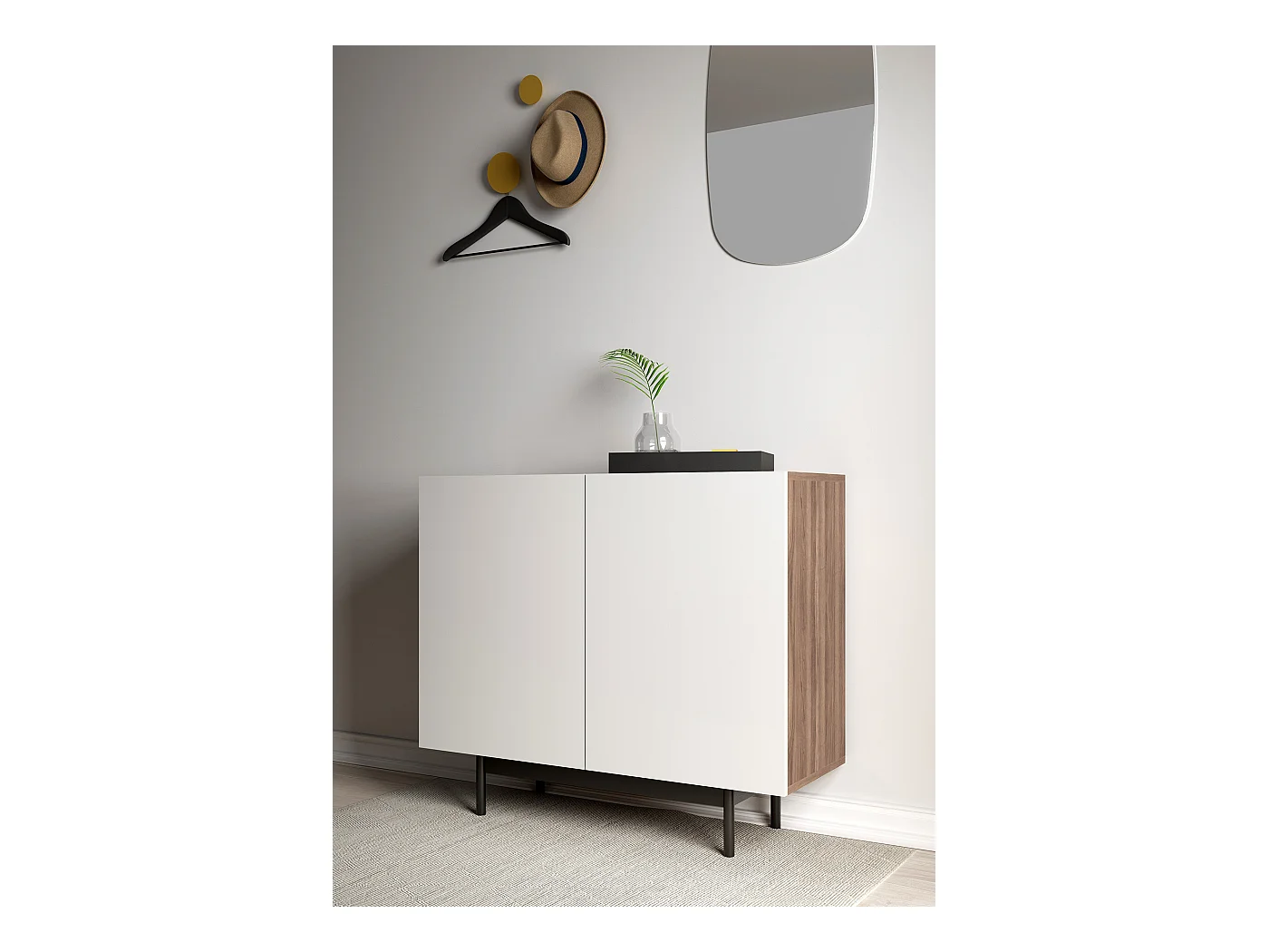 Buffet 2 portes - H78cm x L90cm x L34cm - noyer et blanc - Printed