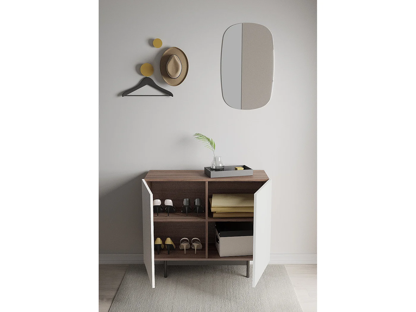 Buffet 2 portes - H78cm x L90cm x L34cm - noyer et blanc - Printed