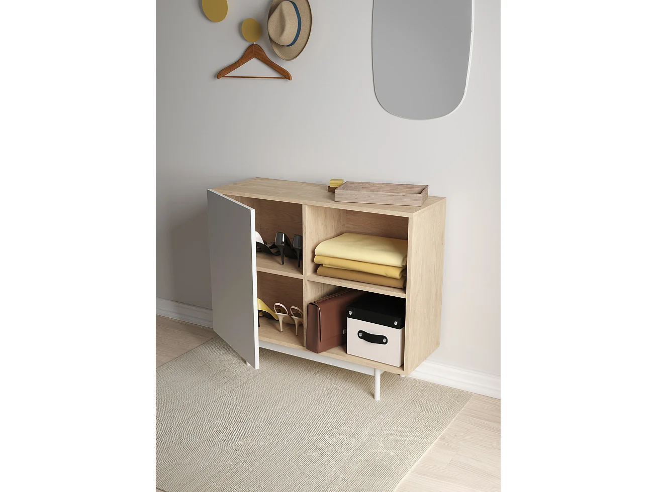 Buffet 1 porte - H78cm x L90cm x L34cm - chêne clair et blanc - Printed
