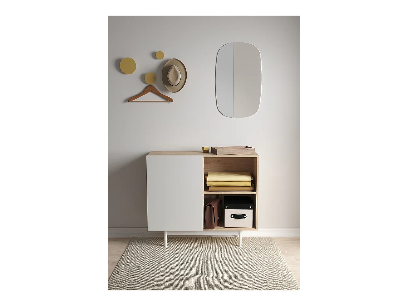 Buffet 1 porte - H78cm x L90cm x L34cm - chêne clair et blanc - Printed