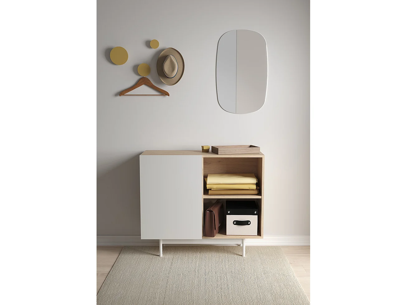 Buffet 1 porte - H78cm x L90cm x L34cm - chêne clair et blanc - Printed