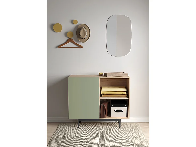 Buffet 1 porte - H78cm x L90cm x L34cm - chêne clair et vert - Printed