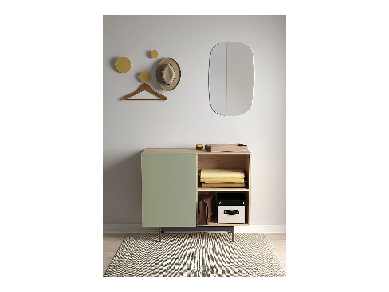 Buffet 1 porte - H78cm x L90cm x L34cm - chêne clair et vert - Printed