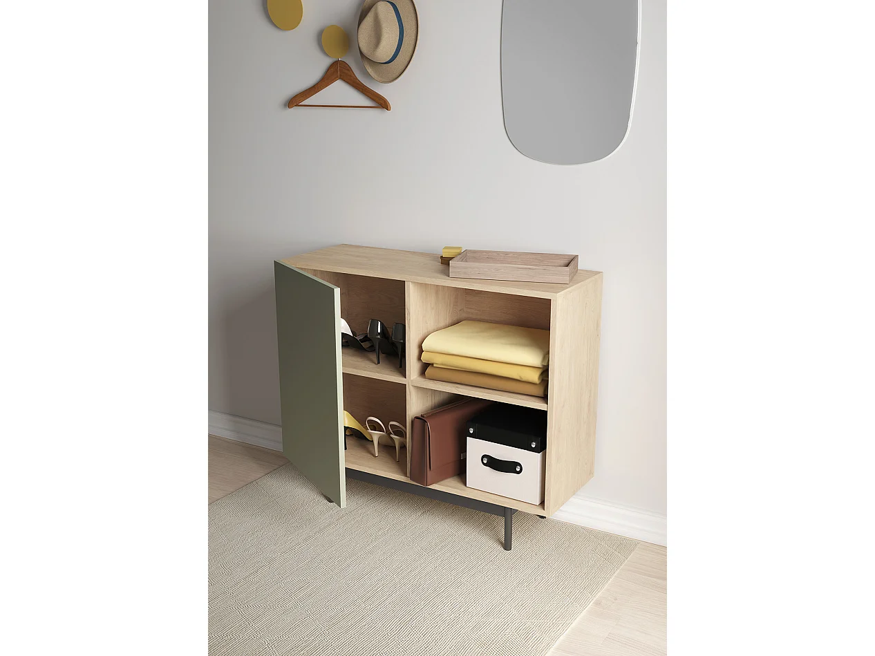 Buffet 1 porte - H78cm x L90cm x L34cm - chêne clair et vert - Printed