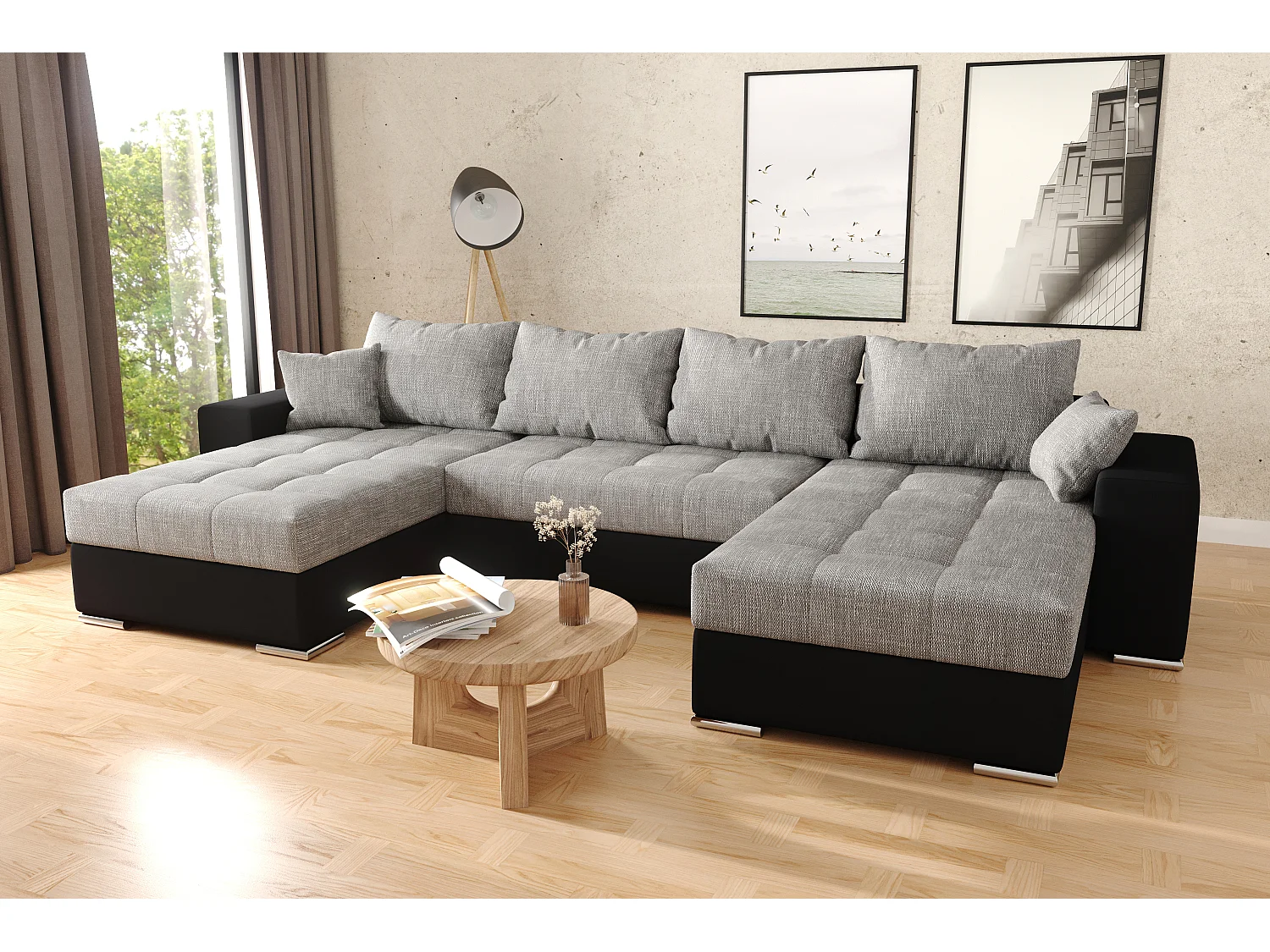 Canapé d'angle Josua en U Avec Lit et Rangements Noir Gris