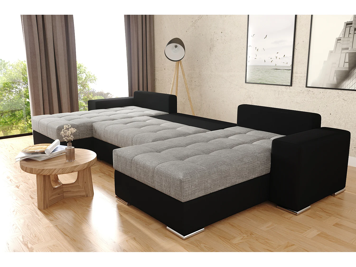 Canapé d'angle Josua en U Avec Lit et Rangements Noir Gris