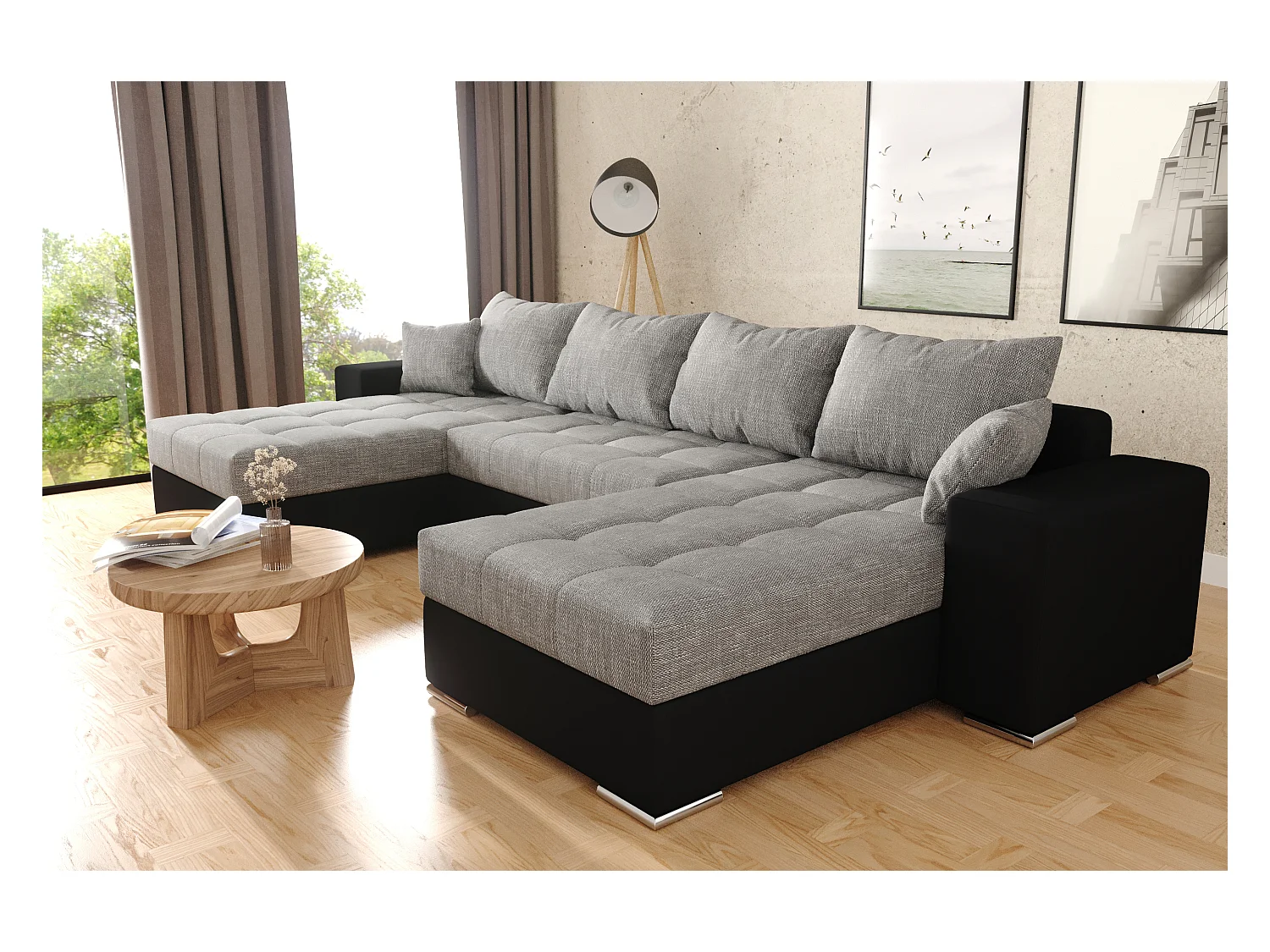 Canapé d'angle Josua en U Avec Lit et Rangements Noir Gris