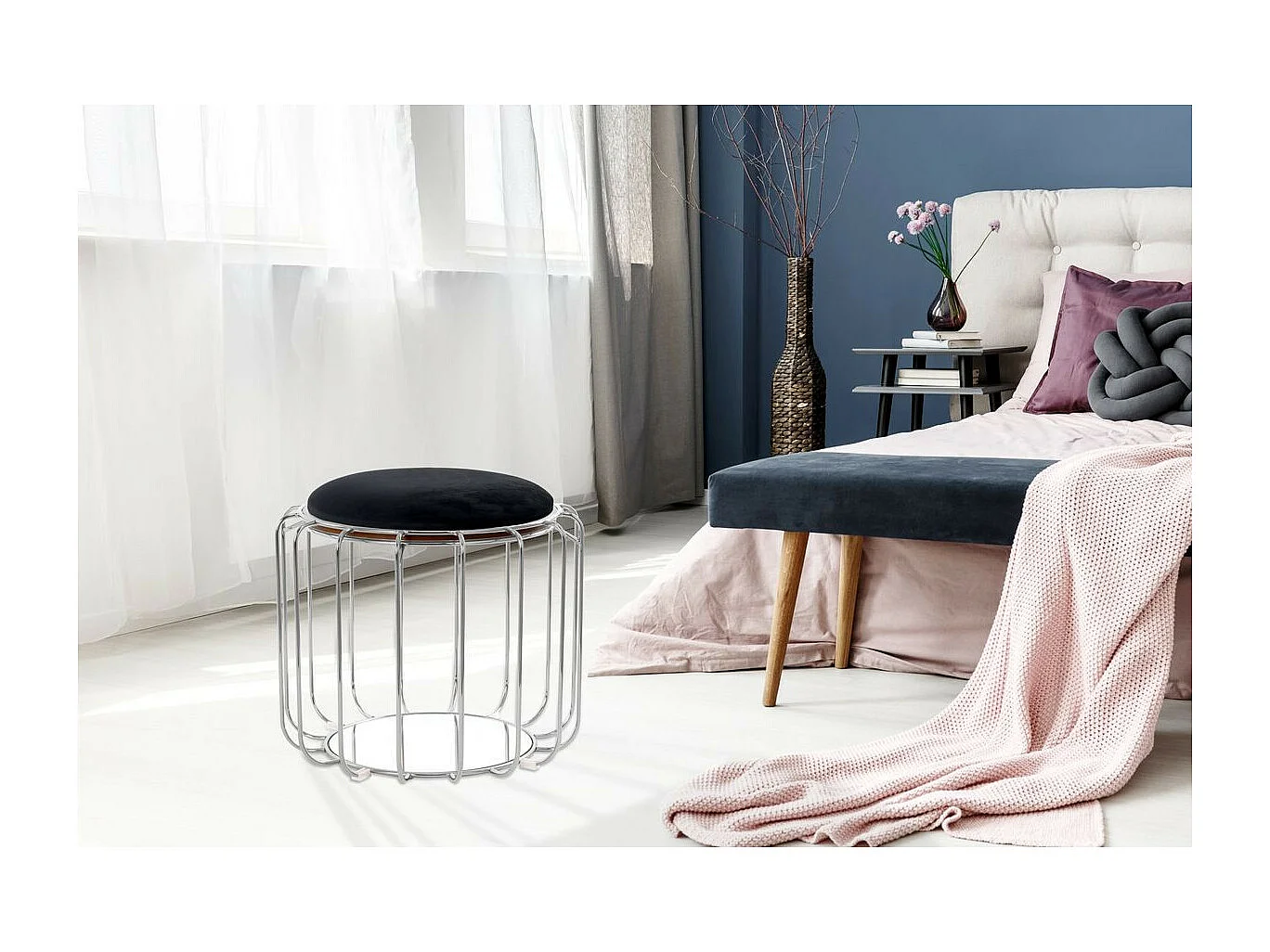 Pouf & Table d'Appoint "Comfortable" 50cm Noir & Argent