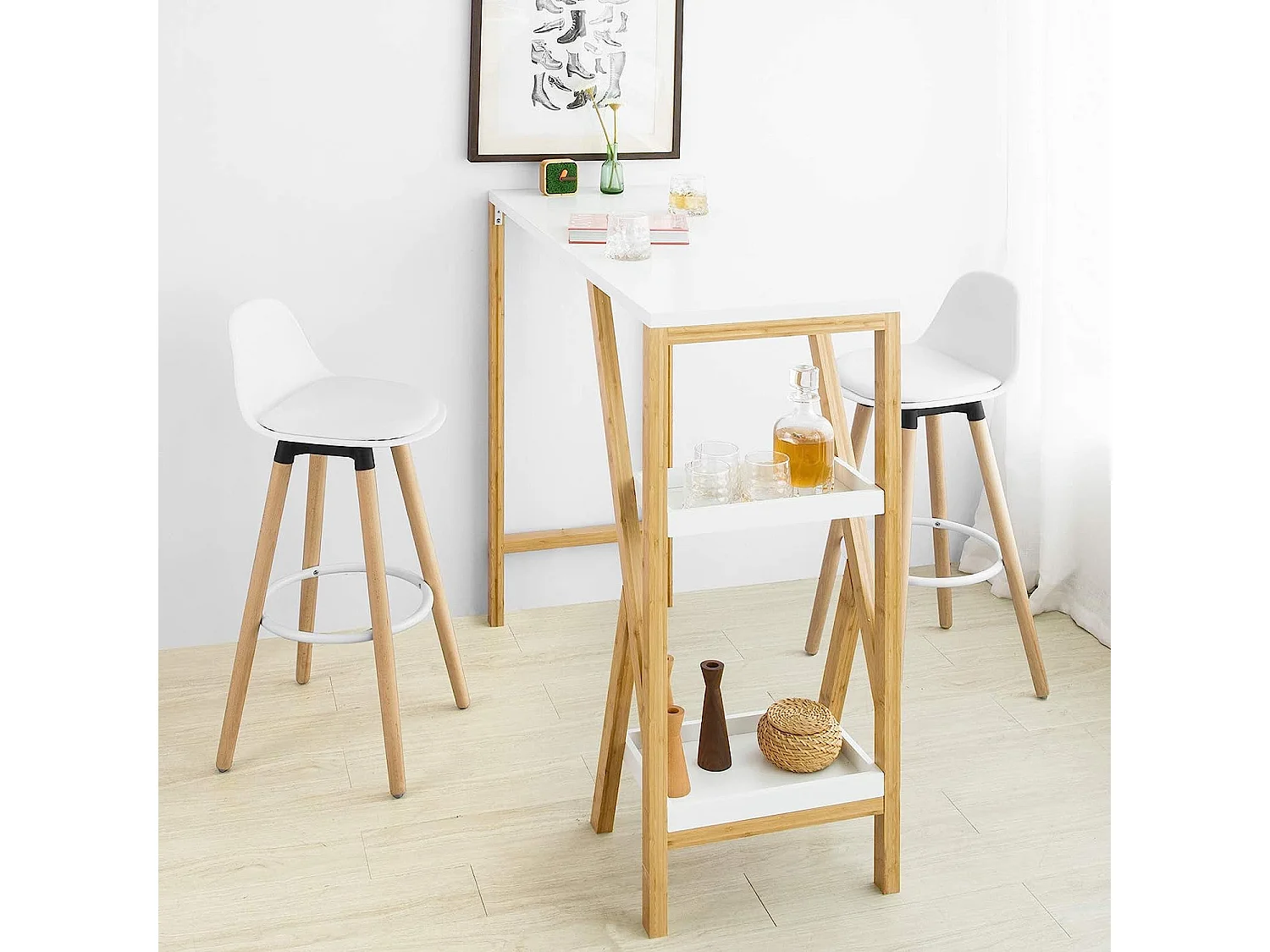 Tabouret de Bar avec Repose-Pieds et Dossier en Hêtre Blanc - Hauteur d'assise 71 cm, FST70-W
