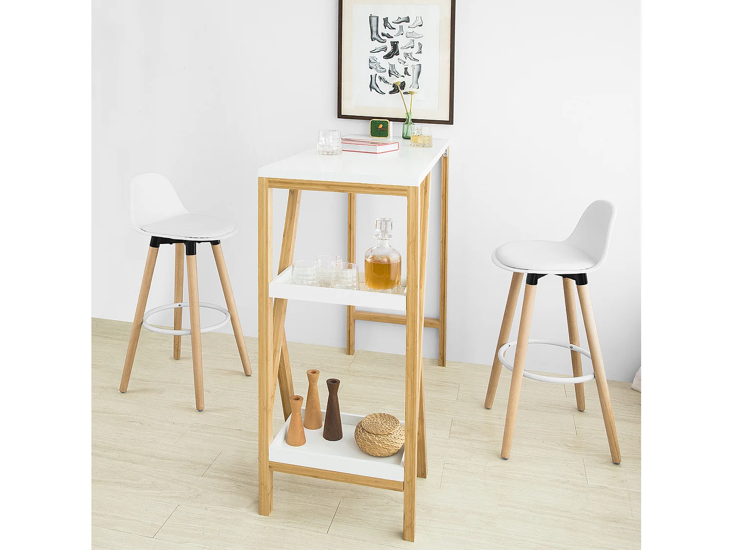 Tabouret de Bar avec Repose-Pieds et Dossier en Hêtre Blanc - Hauteur d'assise 71 cm, FST70-W