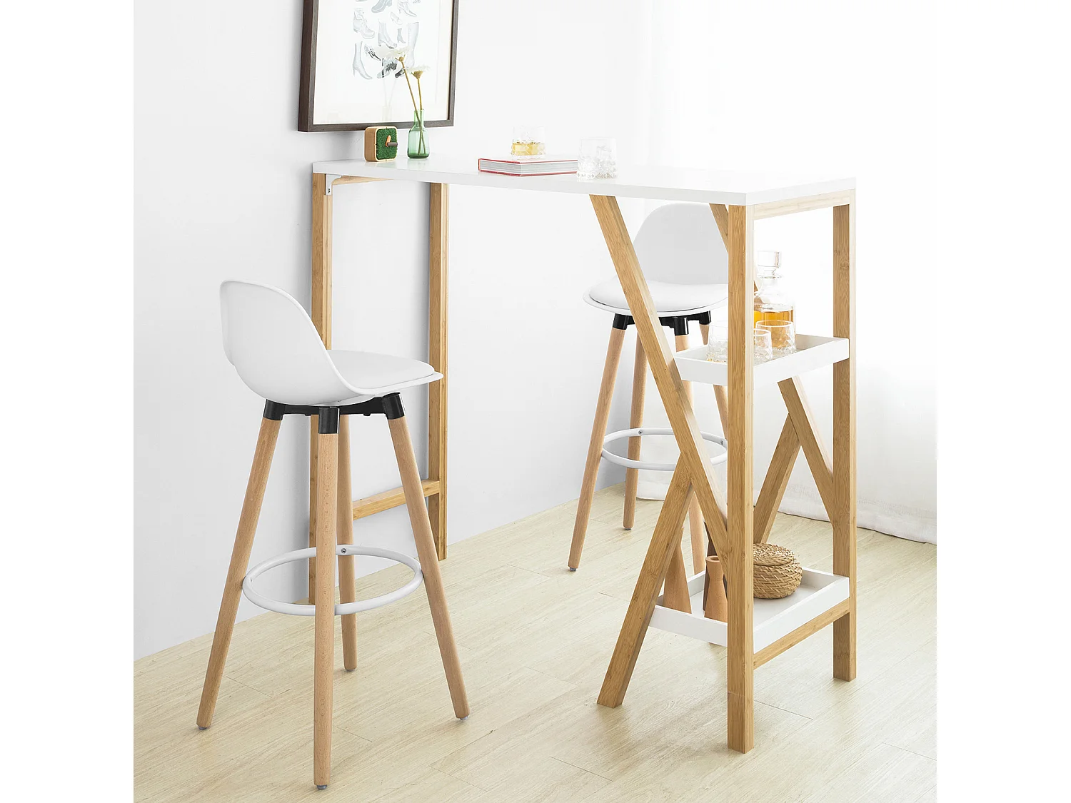Tabouret de Bar avec Repose-Pieds et Dossier en Hêtre Blanc - Hauteur d'assise 71 cm, FST70-W