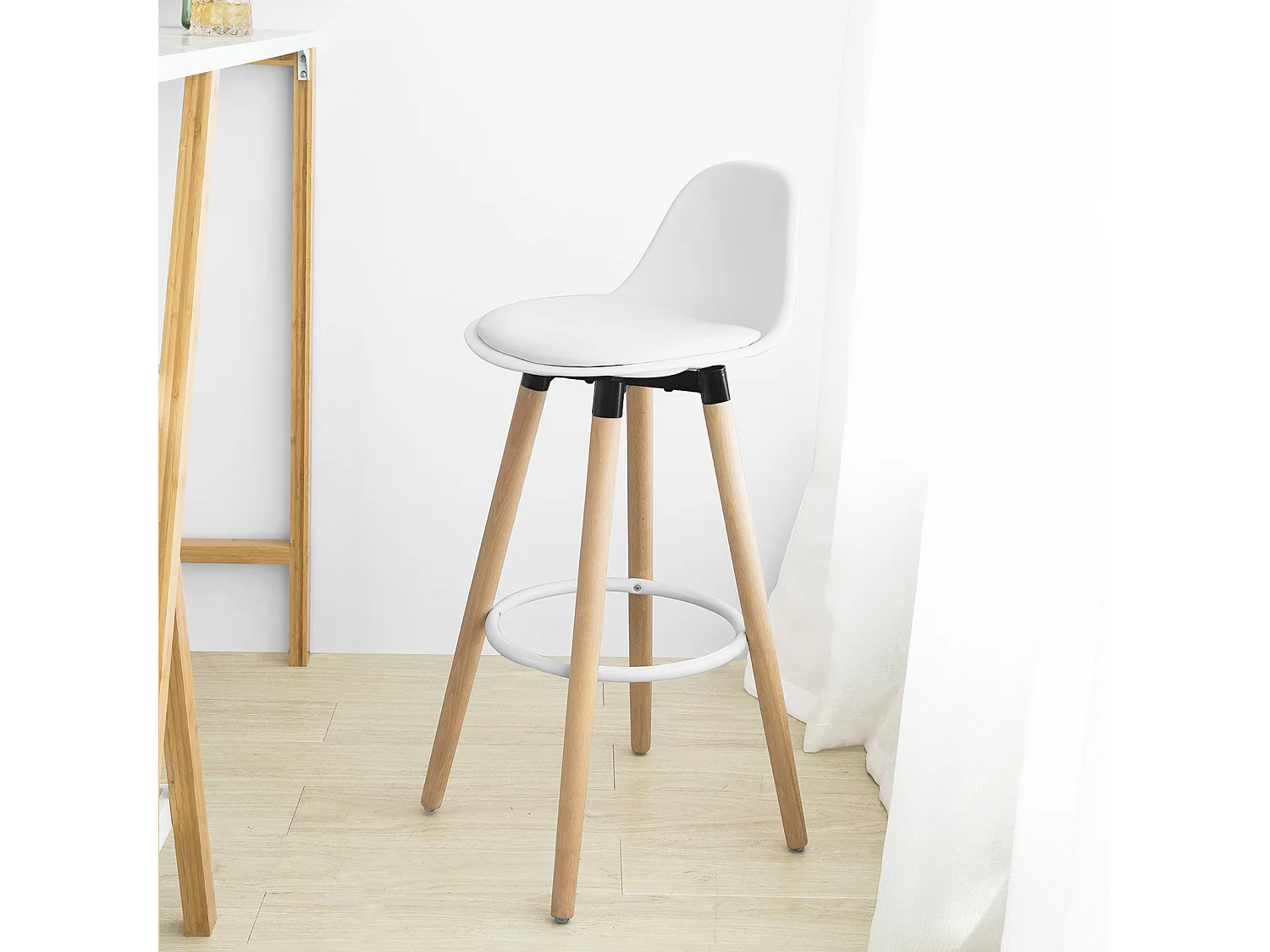 Tabouret de Bar avec Repose-Pieds et Dossier en Hêtre Blanc - Hauteur d'assise 71 cm, FST70-W