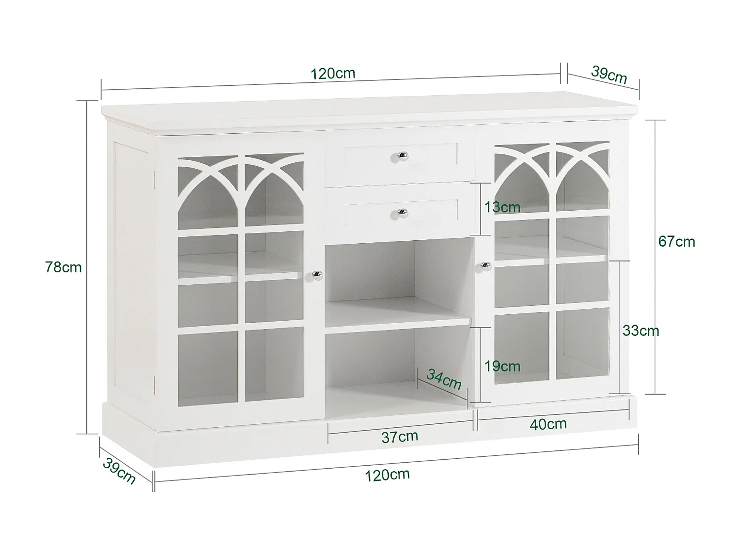 Buffet Commode Dressoir Armoire de Cuisine avec 2 Portes Vitrées, 2 Tiroirs, 2 Compartiment, FSB79-W