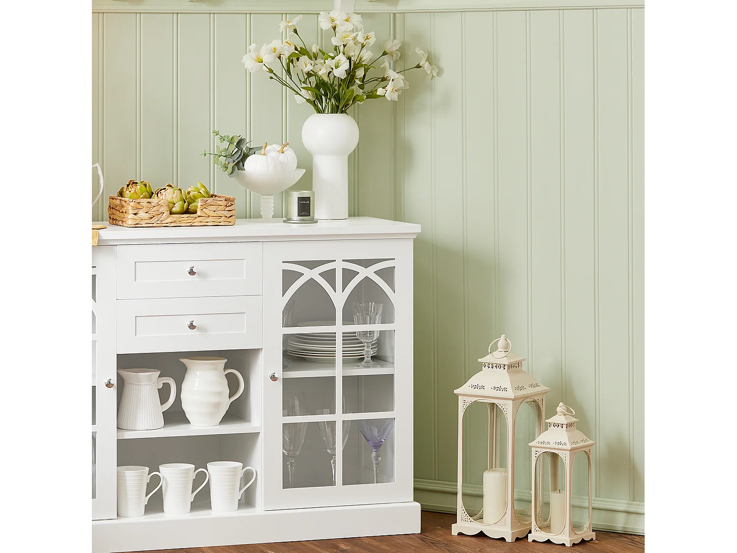 Buffet Commode Dressoir Armoire de Cuisine avec 2 Portes Vitrées, 2 Tiroirs, 2 Compartiment, FSB79-W