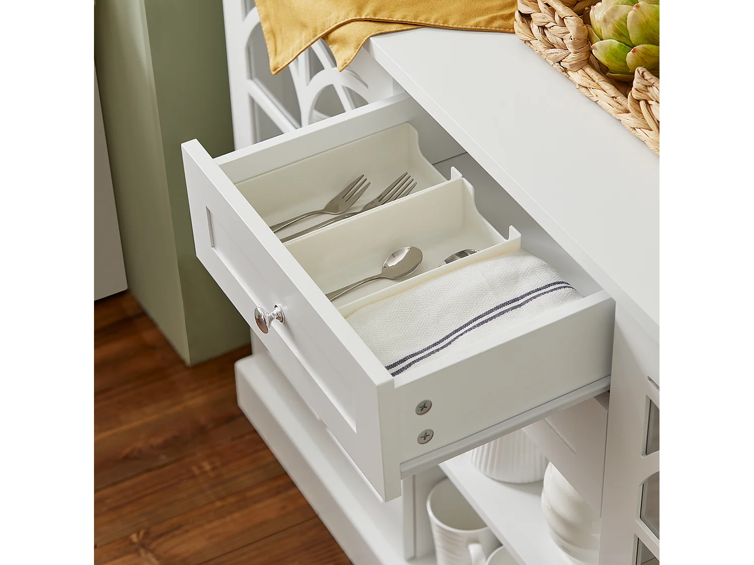 Buffet Commode Dressoir Armoire de Cuisine avec 2 Portes Vitrées, 2 Tiroirs, 2 Compartiment, FSB79-W