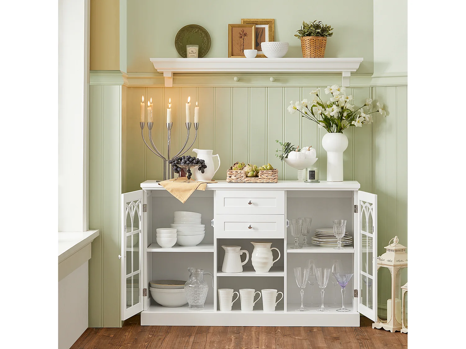 Buffet Commode Dressoir Armoire de Cuisine avec 2 Portes Vitrées, 2 Tiroirs, 2 Compartiment, FSB79-W