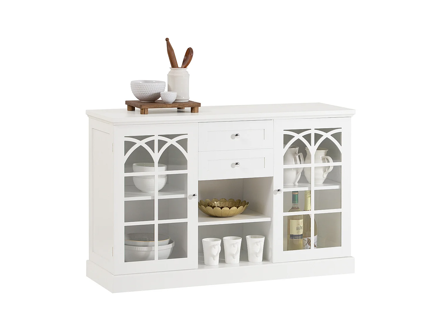 Buffet Commode Dressoir Armoire de Cuisine avec 2 Portes Vitrées, 2 Tiroirs, 2 Compartiment, FSB79-W