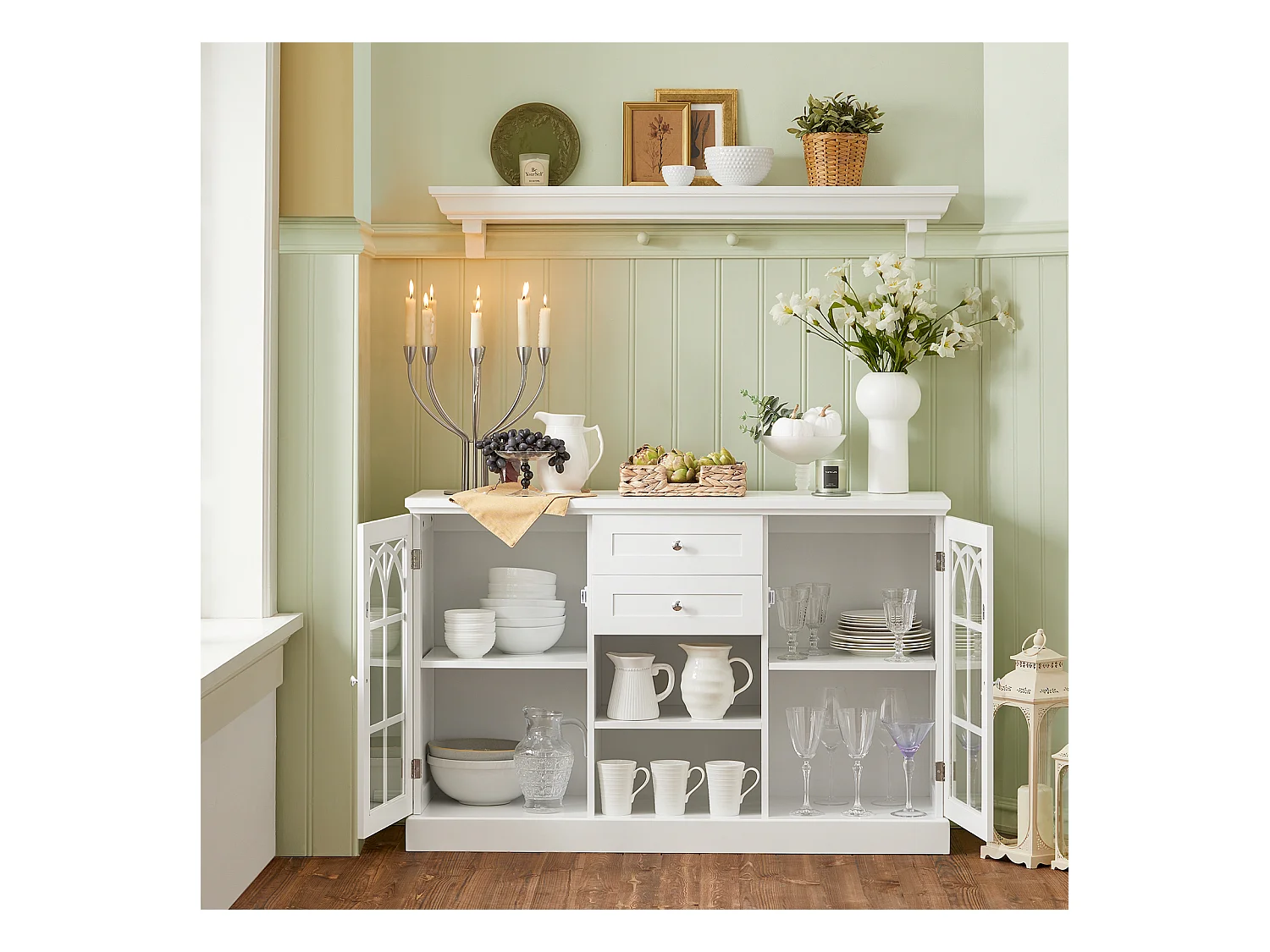 Buffet Commode Dressoir Armoire de Cuisine avec 2 Portes Vitrées, 2 Tiroirs, 2 Compartiment, FSB79-W
