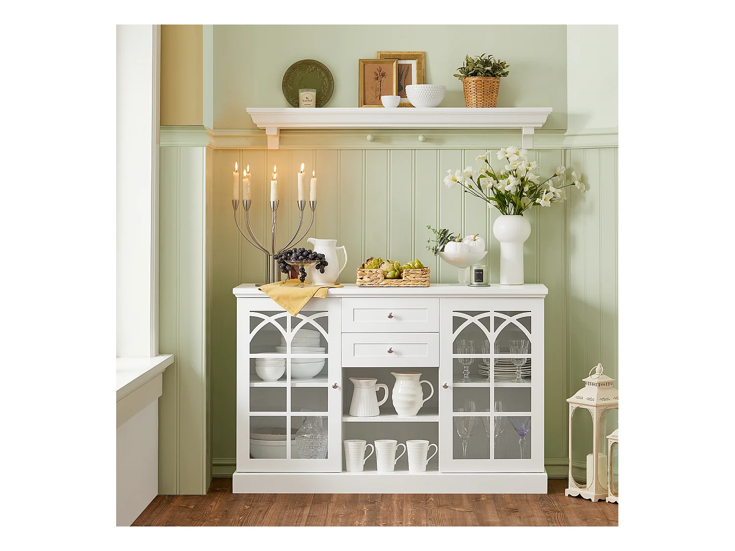 Buffet Commode Dressoir Armoire de Cuisine avec 2 Portes Vitrées, 2 Tiroirs, 2 Compartiment, FSB79-W