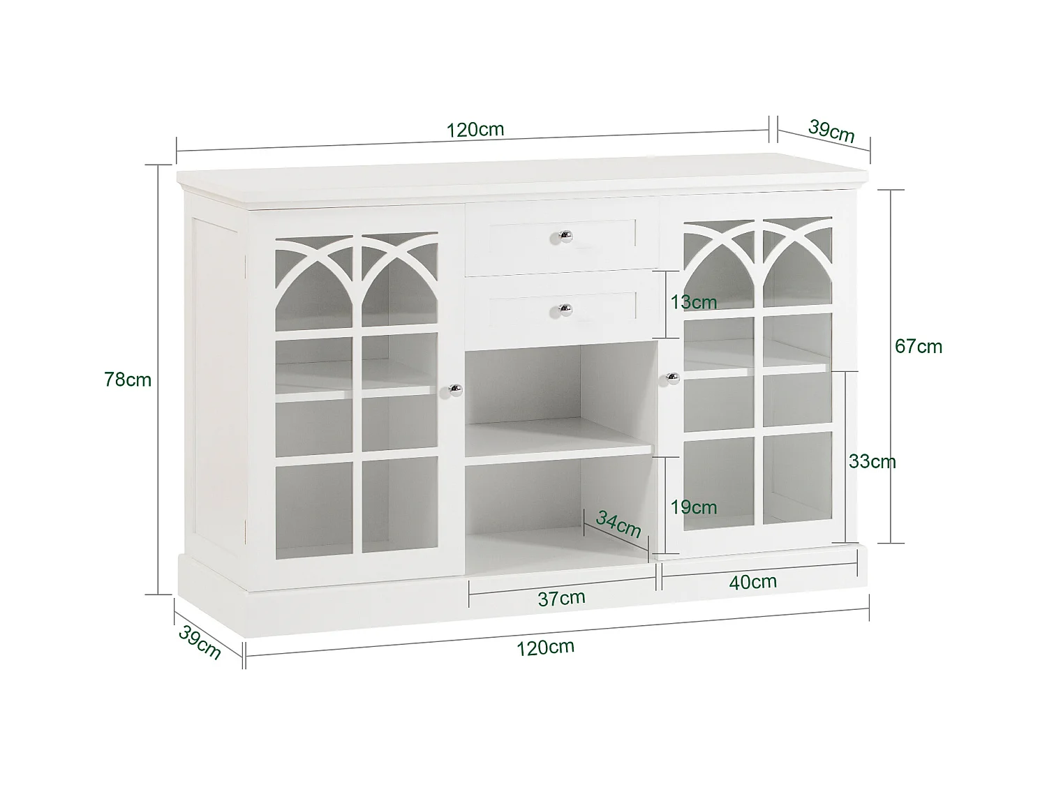 Buffet Commode Dressoir Armoire de Cuisine avec 2 Portes Vitrées, 2 Tiroirs, 2 Compartiment, FSB79-W