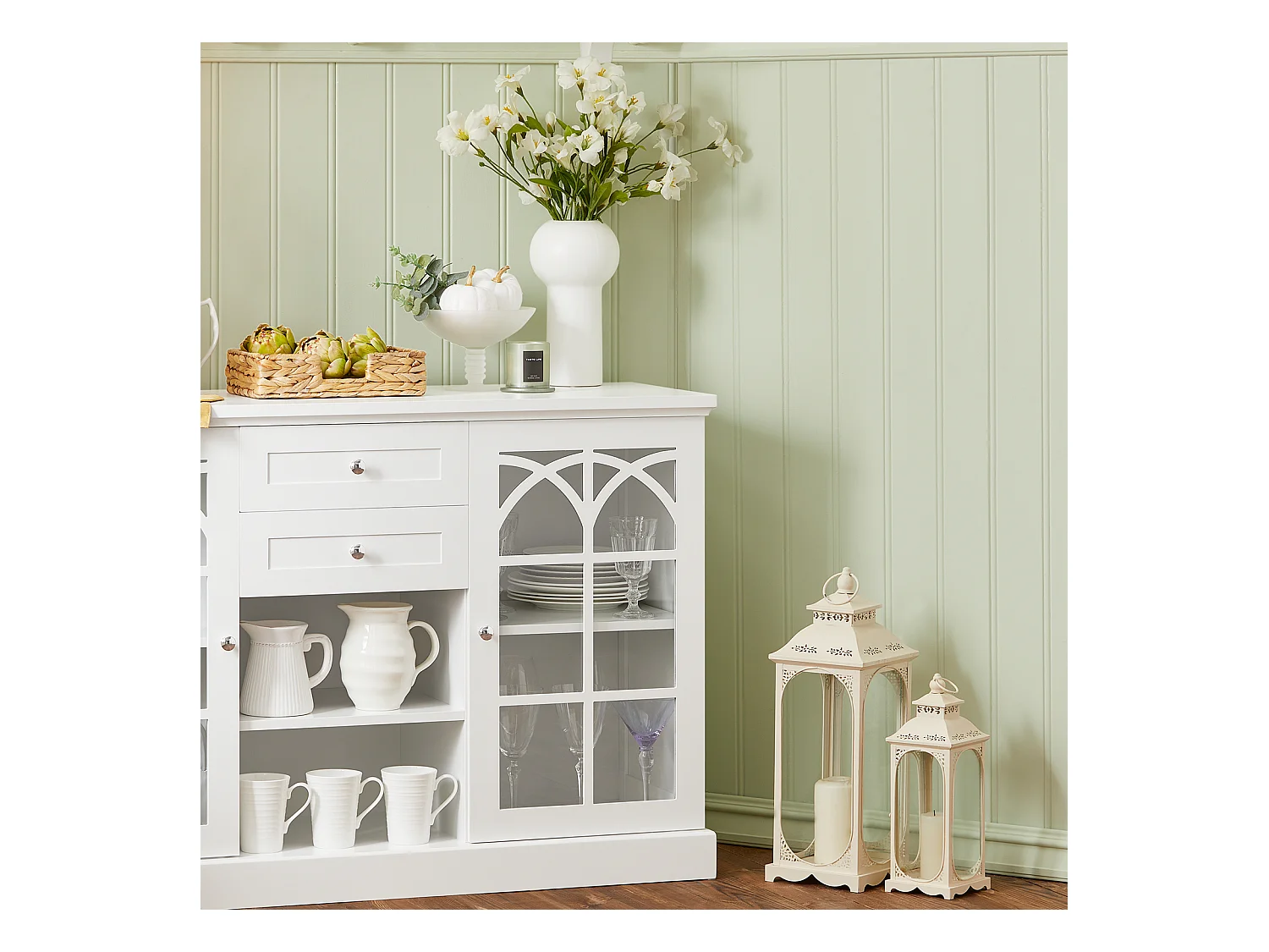Buffet Commode Dressoir Armoire de Cuisine avec 2 Portes Vitrées, 2 Tiroirs, 2 Compartiment, FSB79-W